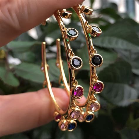 Big Round Colorful Hoop Earrings For Women Multi Color Stone Shiny