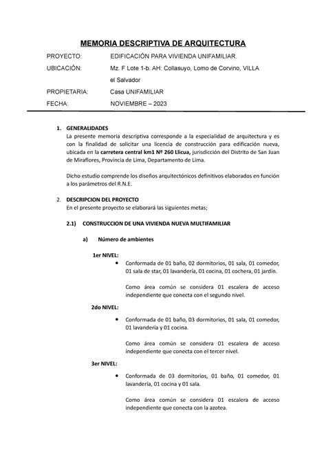 Memoria Descriptiva De Arquitectura Memoria Descriptiva De Arquitectura Proyecto EdificaciÓn