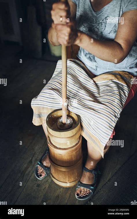 Woman Making Butter With Butter Churn Old Traditional Method Making Of