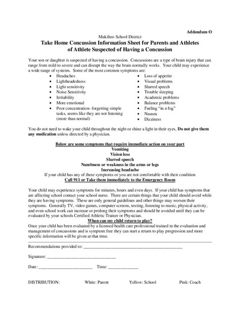 Fillable Online Take Home Concussion Information Sheet For Parents And