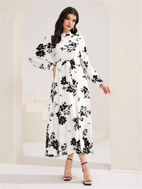 Shein Mulvari Floral Print Mock Neck Puff Sleeve Dress Shein Usa