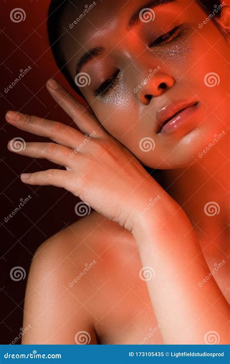Beautiful Naked Asian Girl With Hand Stock Image Image Of Design Face