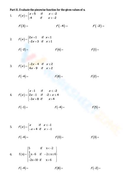 Evaluating Piecewise Functions Worksheets