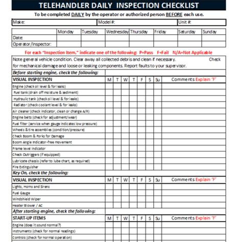 Telehandler Daily Inspection Checklist Construction Documents And