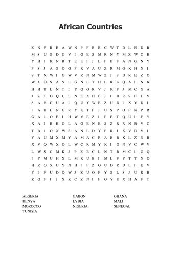 African Countries Word Search Teaching Resources