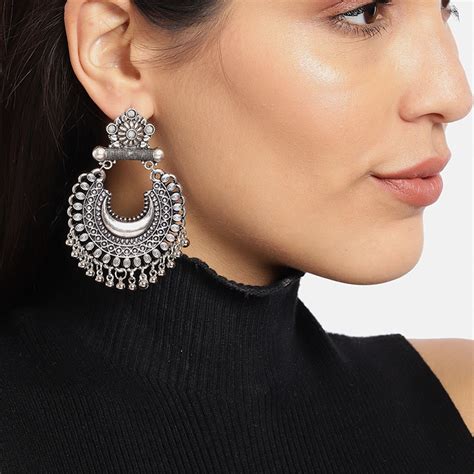 Silver Crescent Shaped Oxidised Chandbali Earrings Buy Silver Crescent