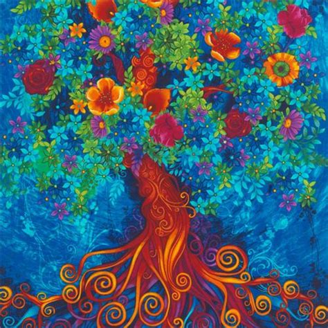 Blue Fabric With Colorful Flower Tree By Timeless Treasures Fabric By