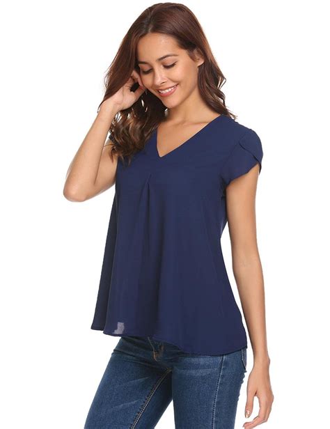 Women Casual Chiffon Blouse V Neck Short Sleeve Simple Top Shirts S