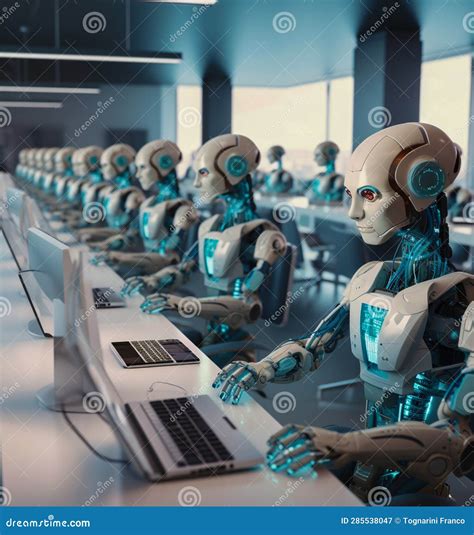 Many Identical Ai Robots Sitting At Desk In The Office And Working With