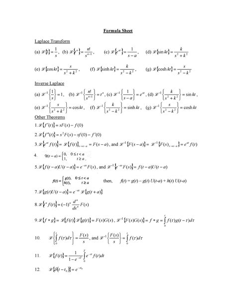 Formula Sheet Formula Sheet Laplace Transform A L {} S 1 1 B L {} 1 N N S N T C