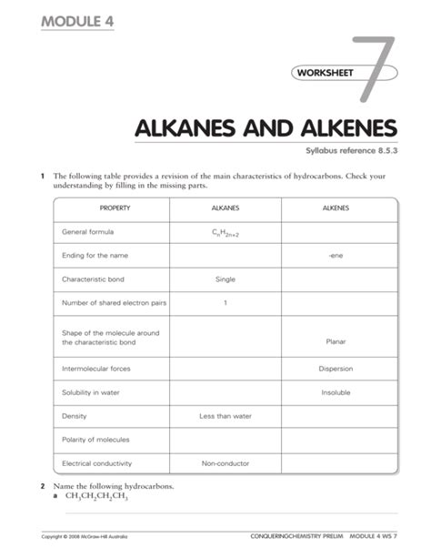 Naming Alkanes And Alkenes Worksheet