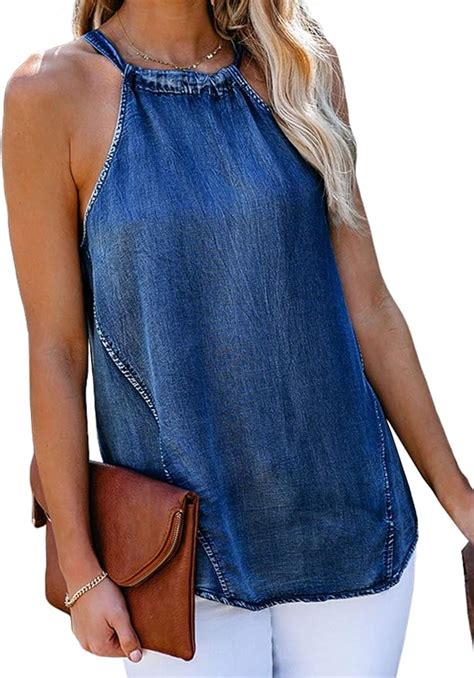 Shipe Womens Backless Denim Tank Sleeveless Halter Tank Tops Summer Solid Color Lace Up Top