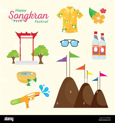 Happy Songkran Festival Lettering With Set Icons Stock Vector Image