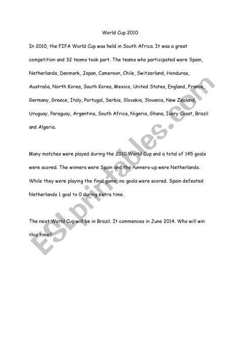 World Cup Reading Comprehension Esl Worksheet By Heba Nawar