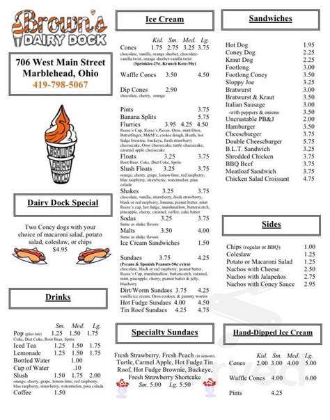 Browns Dairy Dock Menu In Lakeside Marblehead Ohio Usa