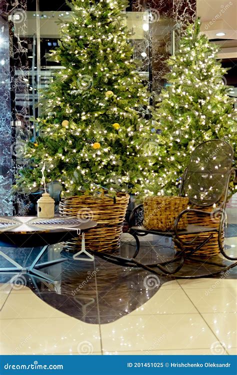 Christmas Tree With Lights And A Rocking Chair Stock Image Image Of