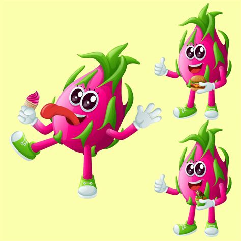 Cute Dragon Fruit Characters Enjoying Food 26267290 Vector Art At Vecteezy