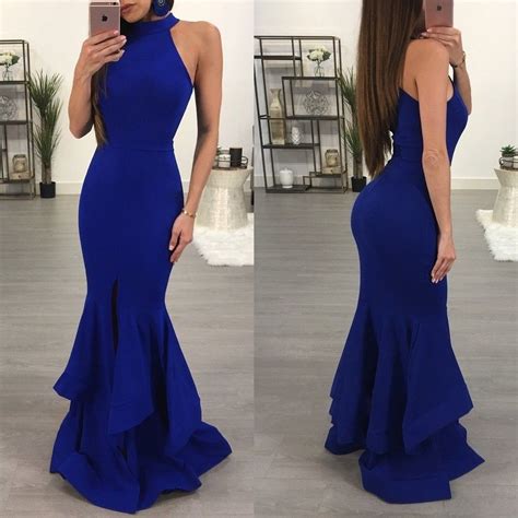 Royal Blue Halter Neck Mermaid Evening Dresses Zipper Back Stretch