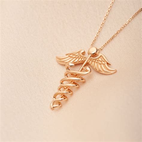 14k 18k Solid Gold Caduceus Necklace Caduceus Symbol Of Etsy