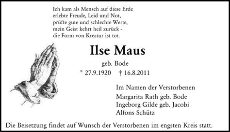 Traueranzeigen Von Ilse Maus Rz Trauer De