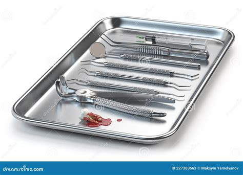 Dentist Tools For Dental Care And Extracted Tooth With Blood Stock