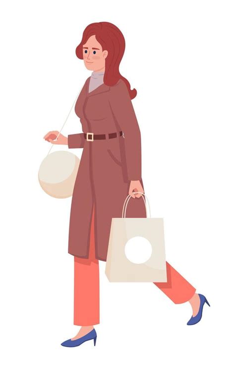 Confident Adult Woman Wearing Fashionable Coat Semi Flat Color Vector