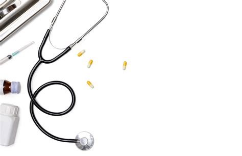 Creative Flatlay Of Doctor Medical Equipment White Table With