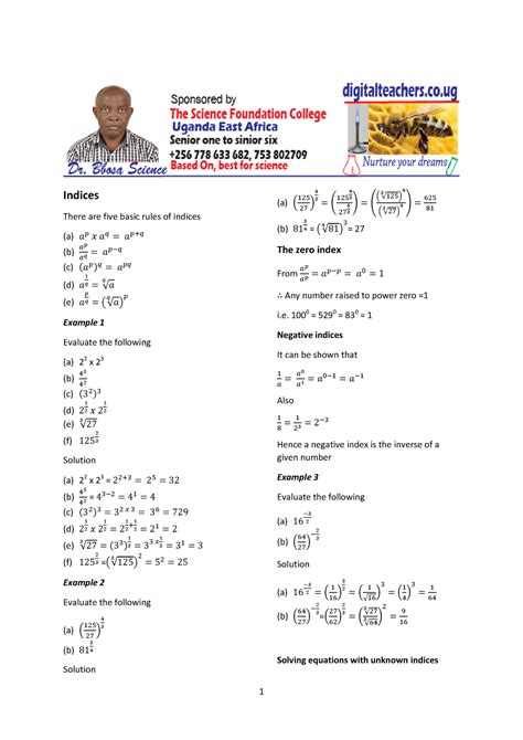 A Level Math Paper 1 Indices 1 Indices There Are Five Basic Rules Of