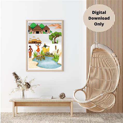 African Village Scene Digital Art, African Art, Wall Art, Wall Hanging ...