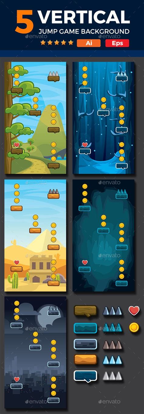 Set Of 5 Vertical Game Backgrounds — Vector Eps Mountain Jumping