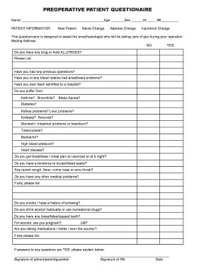 Fillable Online PREOPERATIVE PATIENT QUESTIONAIRE Bbenrubinmdbbcomb