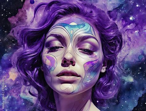 Psychedelic Voyage Illustration Of A Nude Woman S Close Up Head And Face In A Cosmic Nebula