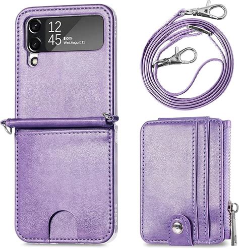 Daole Crossbody Phone Case For Samsung Galaxy Z Flip 4 Purple Lavender Detachable Wallet