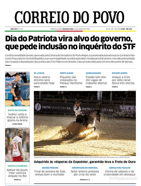 Capa Correio Do Povo Edi O Segunda De Agosto De