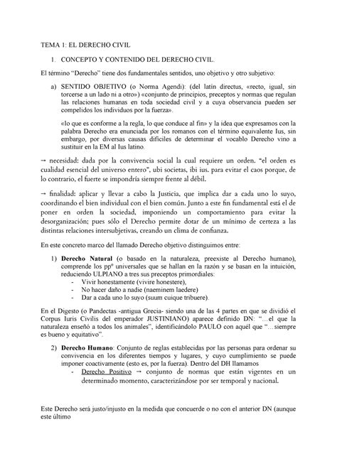 T1 Civil Tema 1 El Derecho Civil 1 Concepto Y Contenido Del Derecho