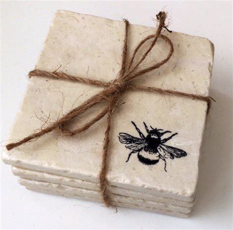 Bee Stone Coasters Set Set Of Hand Stamped Rustic Coasters Etsy