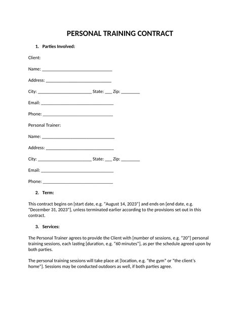 Free Printable Personal Training Contract Templates Pdf