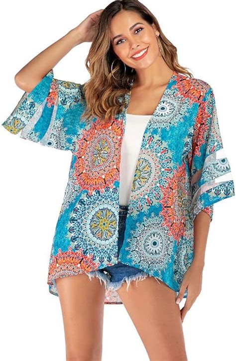 Women Mesh Panel Bell Sleeve Floral Chiffon Casual Loose Kimono