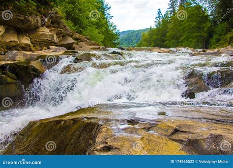 Mountain River With Fast Flow Of Water Mountain Landscape With River