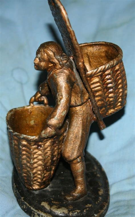 Rare Antiquec1900 Metal Man Holding Baskets Match Holder Vesta