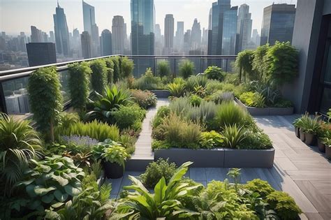 Premium Photo A Rooftop Garden With Lush Greenery And Cityscape Views