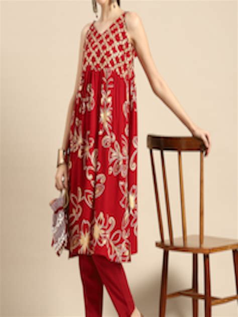 Buy Anouk Women Red And Golden Ethnic Motifs Printed A Line Kurta