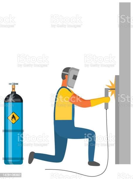 Man Welding Metal Near Gas Cylinder Welder Works With Equipment Next To