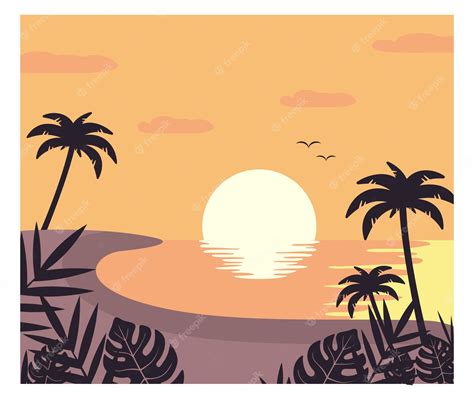 Premium Vector Sunset Beach Flat Design Background