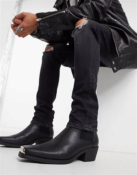 Asos Design Stacked Heel Western Chelsea Boots In Black Faux Leather With Metal Hardware Asos