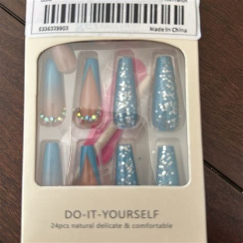 Makeup Long Blue French Press On Blue Nails Rhinestones Nude