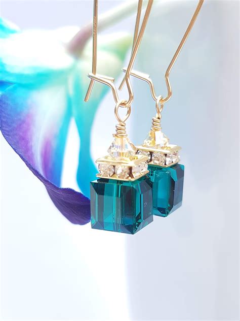 Emerald Crystal Earrings Dark Green Swarovski Crystal Cube - Etsy