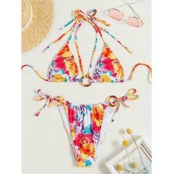 Emmiol Free Shipping O Ring Floral Bikini Set Red M In Bikini Sets Online Store EMMIOL