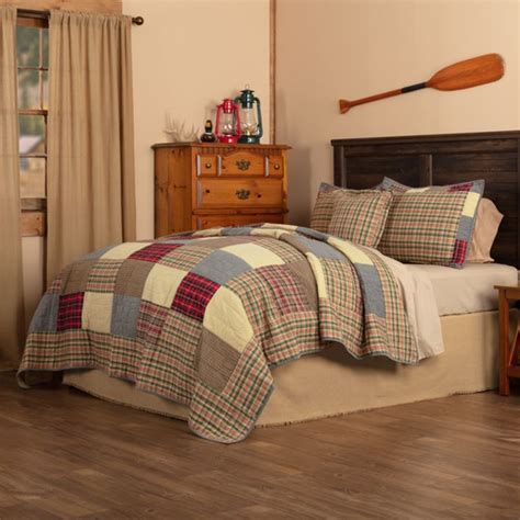 Queen Quilt Bedding Set Plaid Patch Western Rustic Modern Cabin Style