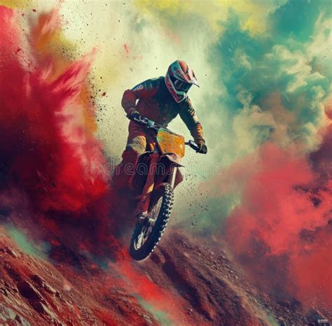 The Image Shows A Rider Going Down The Mountain In Front Of Smoke Stock